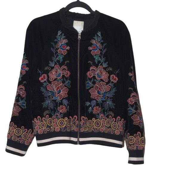 Anthropologie Elevenses Hallie Embroidered Bomber Jacket Black Velvet – Size S - Picture 15 of 15